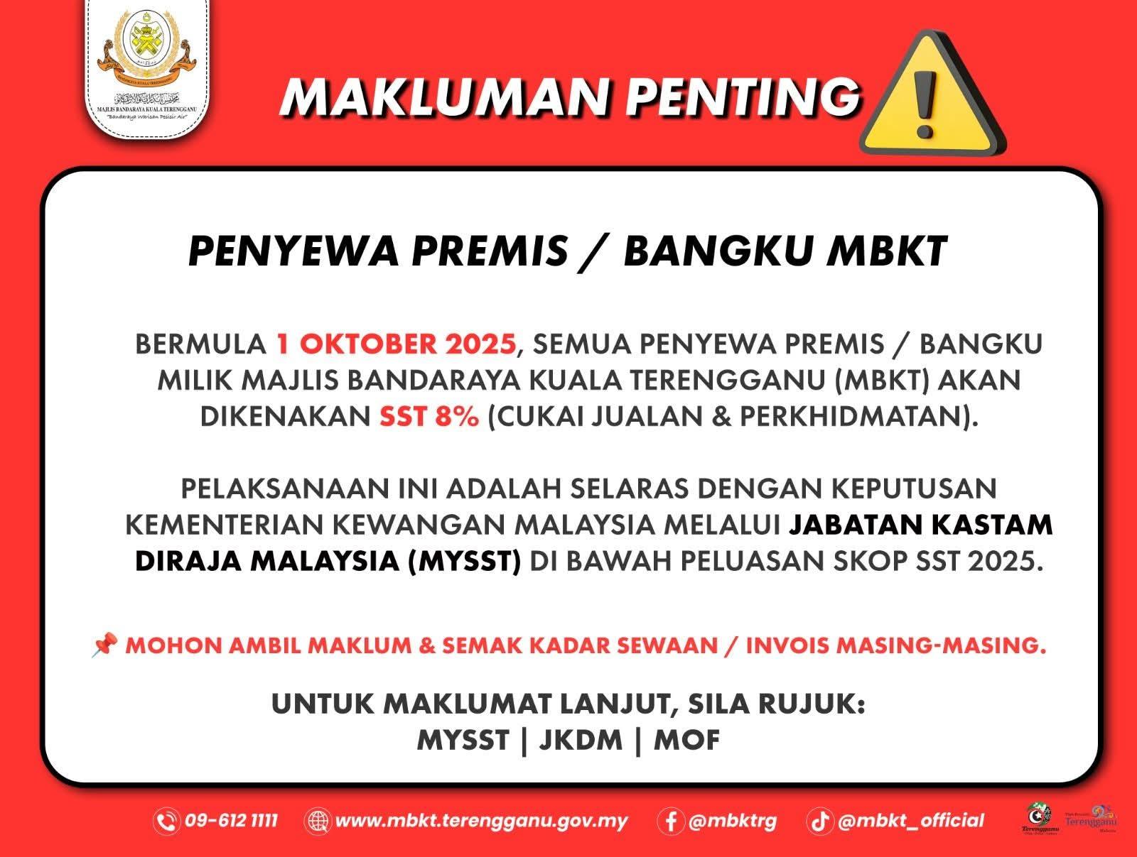 MAKLUMAT PENTING UNTUK PENYEWA PREMIS ATAU BANGKU MBKT